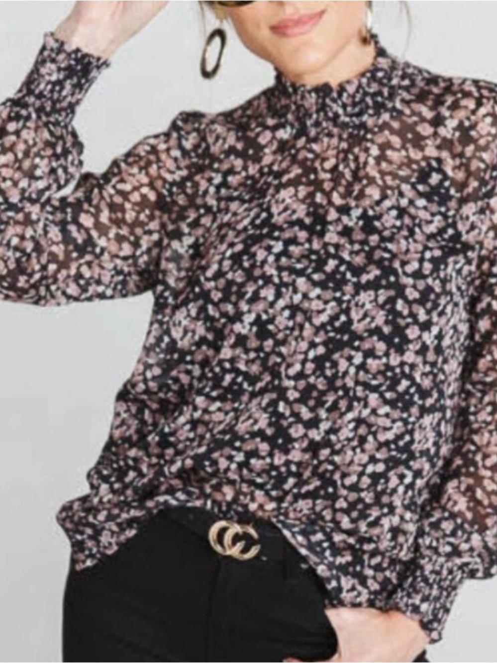 Hayden Los Angeles Black Long Sleeve Mock Neck Blouse w/ Pink White Floral Print
